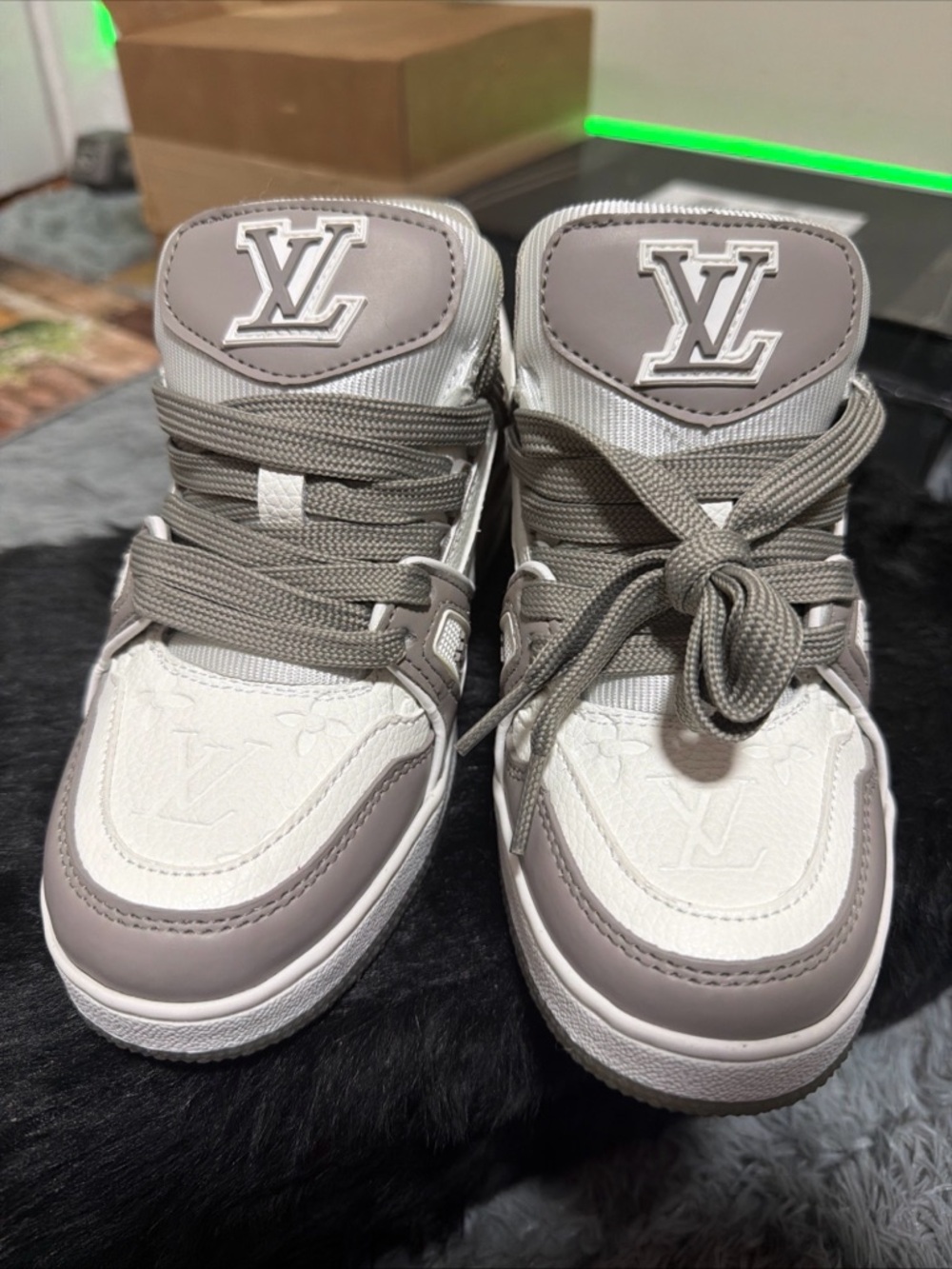 Louis Vuitton Gray & White High-Top Sneakers with LV Logo
